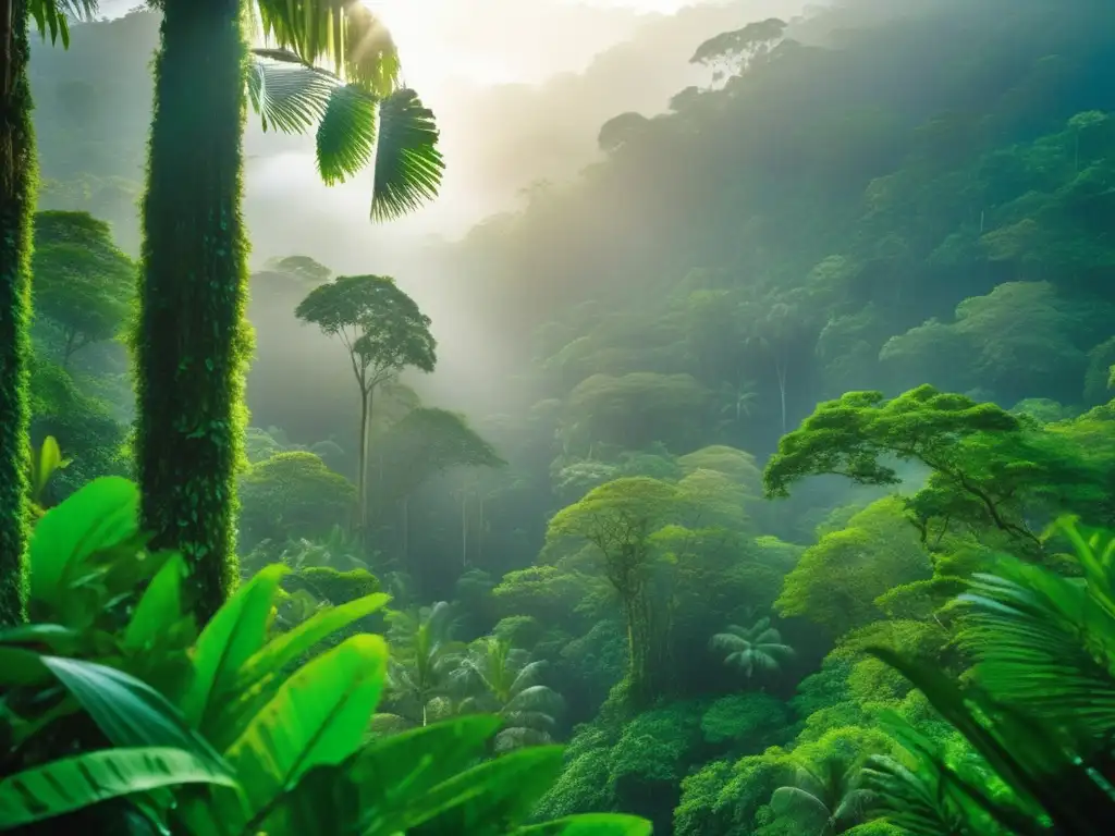 Un impresionante bosque tropical, envuelto en neblina y bañado por la suave luz del sol matutino