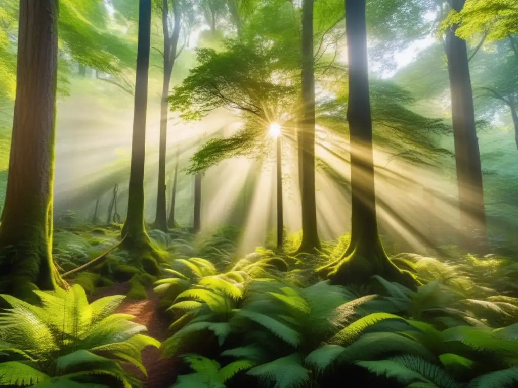 Bosque virgen iluminado por el sol dorado, con árboles majestuosos y exuberante vegetación tejiendo una red de vida