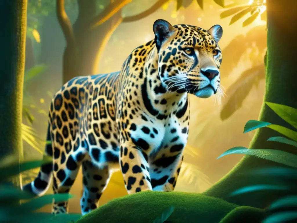 Jaguar sagrado y místico en bosque encantado con abundante fauna y leyendas (110 caracteres)