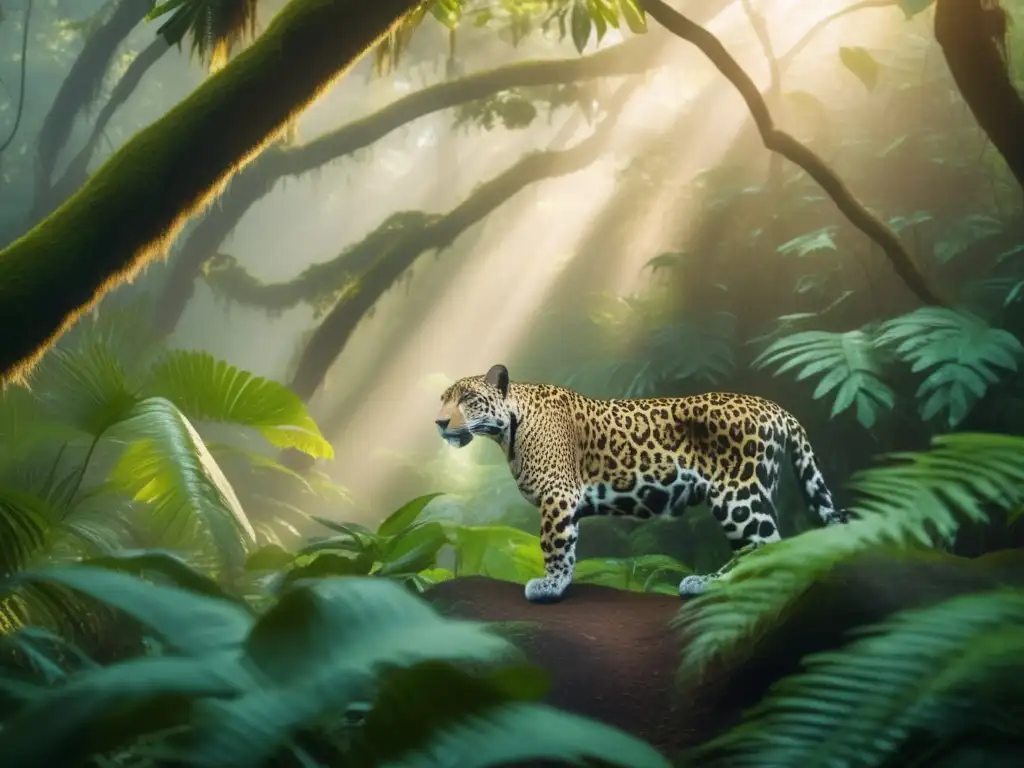 Técnicas de rastreo de animales en senderismo en un bosque místico con un jaguar majestuoso