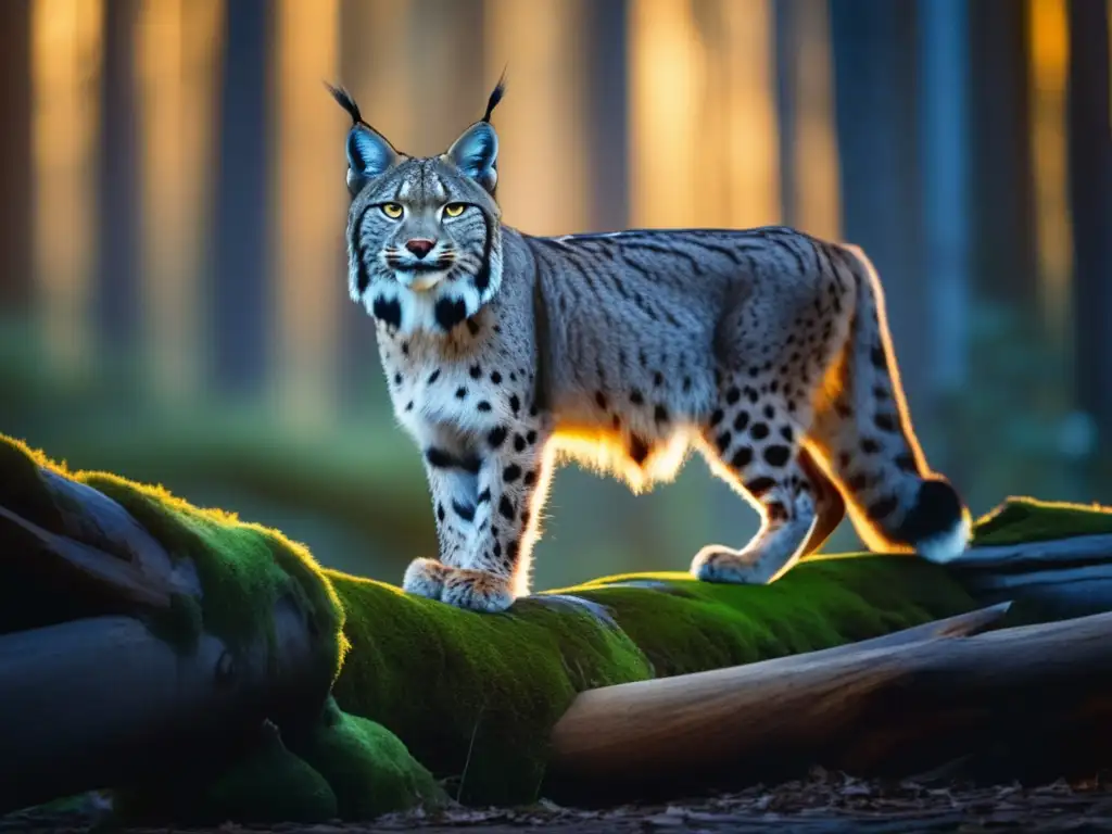 Especies en peligro de extinción en camping: Majestuoso lince ibérico en bosque dorado al atardecer