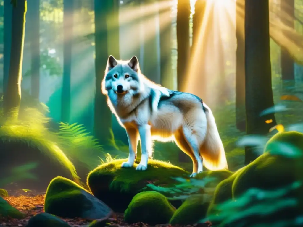 Simbolismo animal en el senderismo: majestuoso lobo blanco junto a otros animales en místico bosque