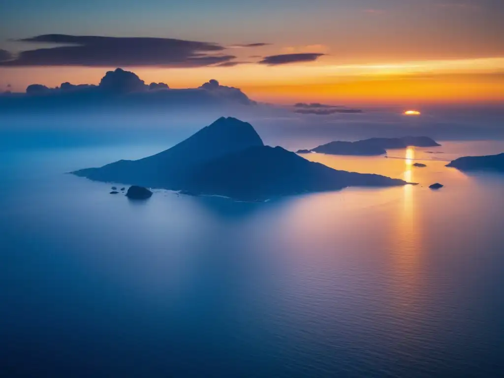 Océano sereno al atardecer con islas místicas, reflejando el significado místico del océano y las olas