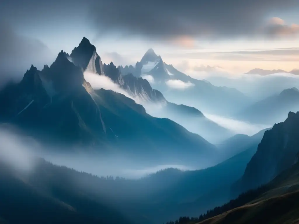 Paisaje de montañas en neblina y nubes, con cabaña y consejos para cocinar en altitudes elevadas