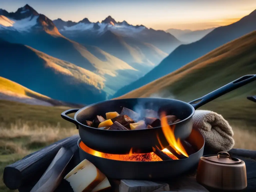 Estofado al aire libre en la montaña, majestuosos picos y niebla, fogata y potente aroma de stew -