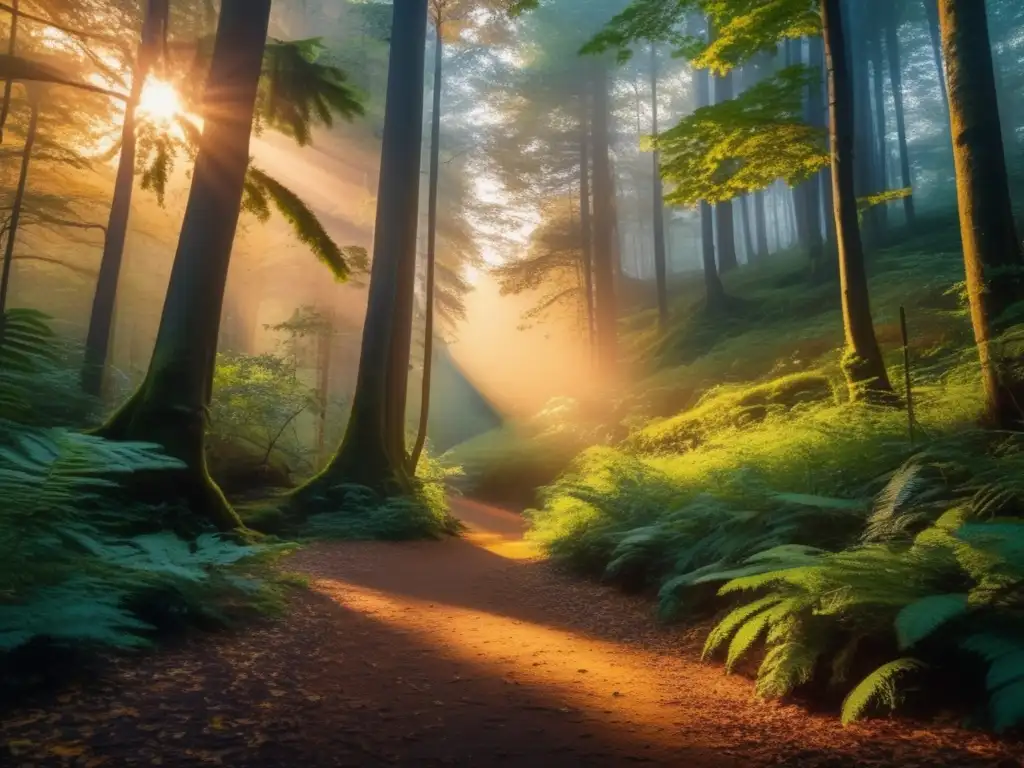 Paisaje exuberante de bosque al atardecer, con árboles altos y sendero misterioso