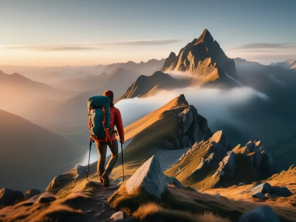 Paisaje de montañas al amanecer con neblina, senderista comprometido con el cuidado del medio ambiente