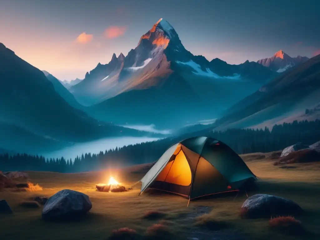 Paisaje montañoso místico al atardecer con campamento - Tendencias equipamiento camping senderismo