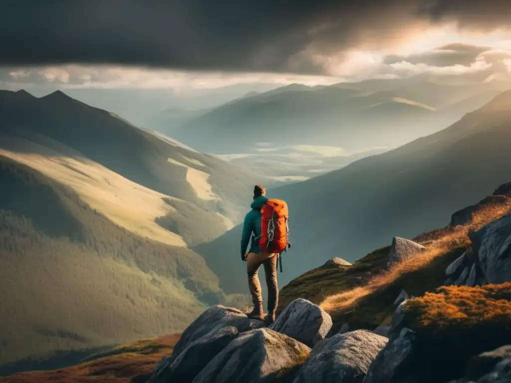 Hiker en la cima de una montaña, paisaje majestuoso