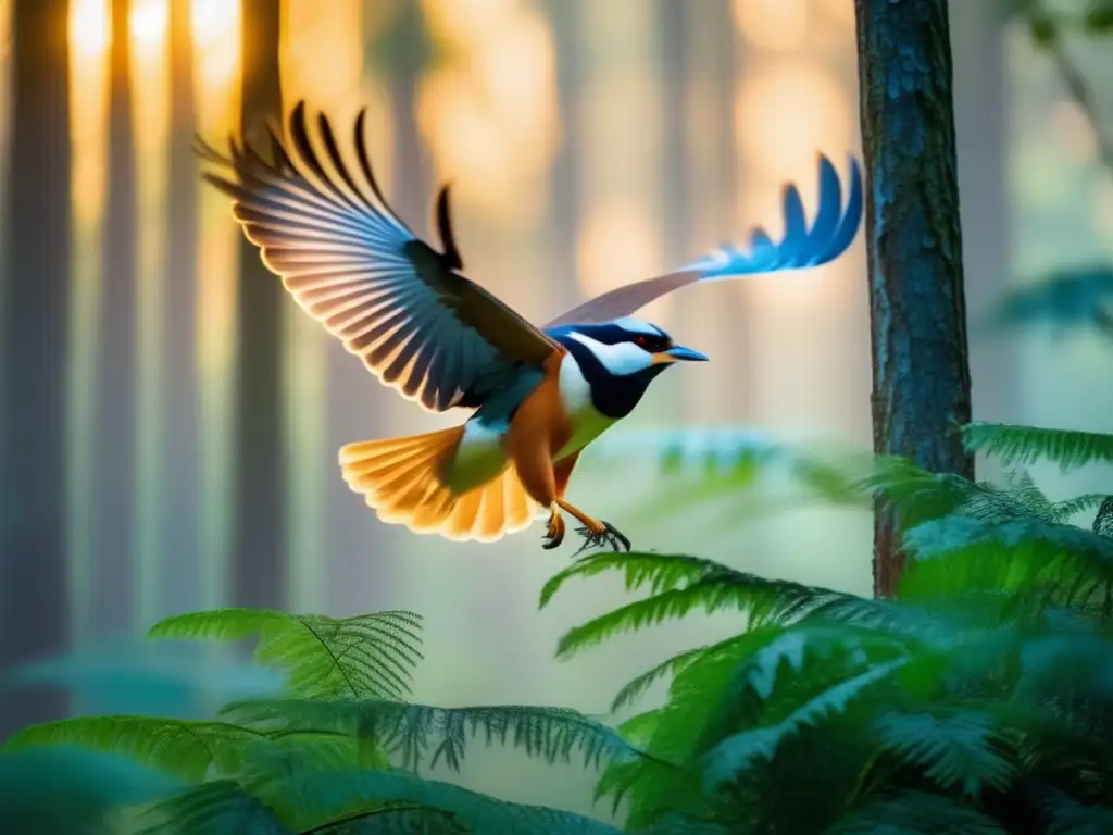 Fotografía de aves en movimiento: majestuosidad y misterio en un bosque cubierto de niebla al amanecer