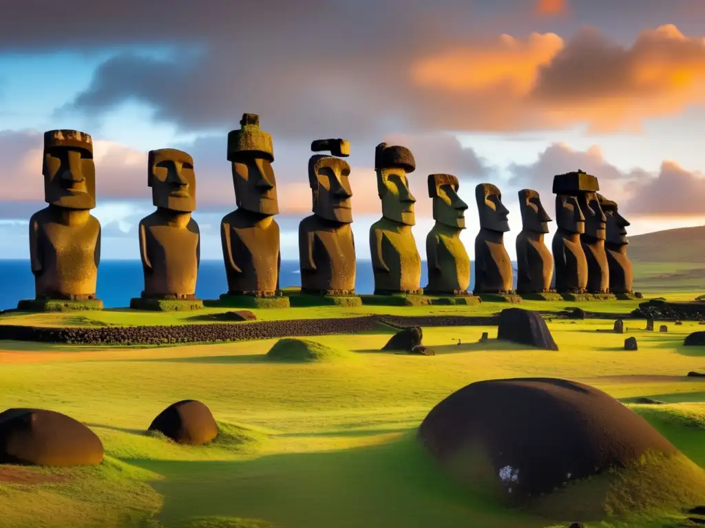 Impresionante vista panorámica de los enigmáticos Moáis en Isla de Pascua, con un cautivante atardecer y exquisitos detalles