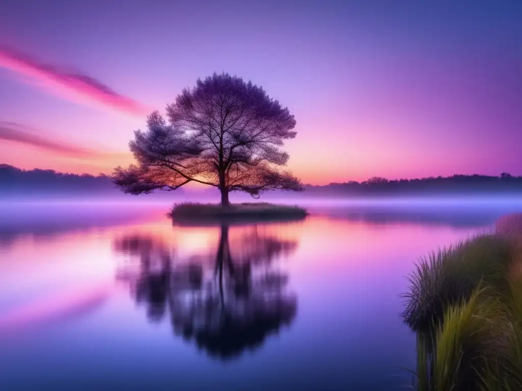 Consejos fotografía amanecer natural: imagen impresionante 8k con paisaje neblinoso, lago tranquilo y árbol solitario