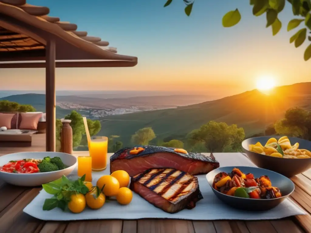 Preparación de carnes a la parrilla al aire libre: Escena impresionante con cocina moderna rodeada de naturaleza y carnes deliciosamente asadas