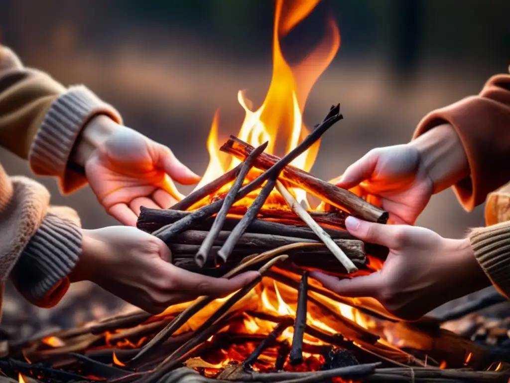 Técnica ancestral para hacer fuego con manos hábiles y llamas intensas envolventes en un bosque misterioso