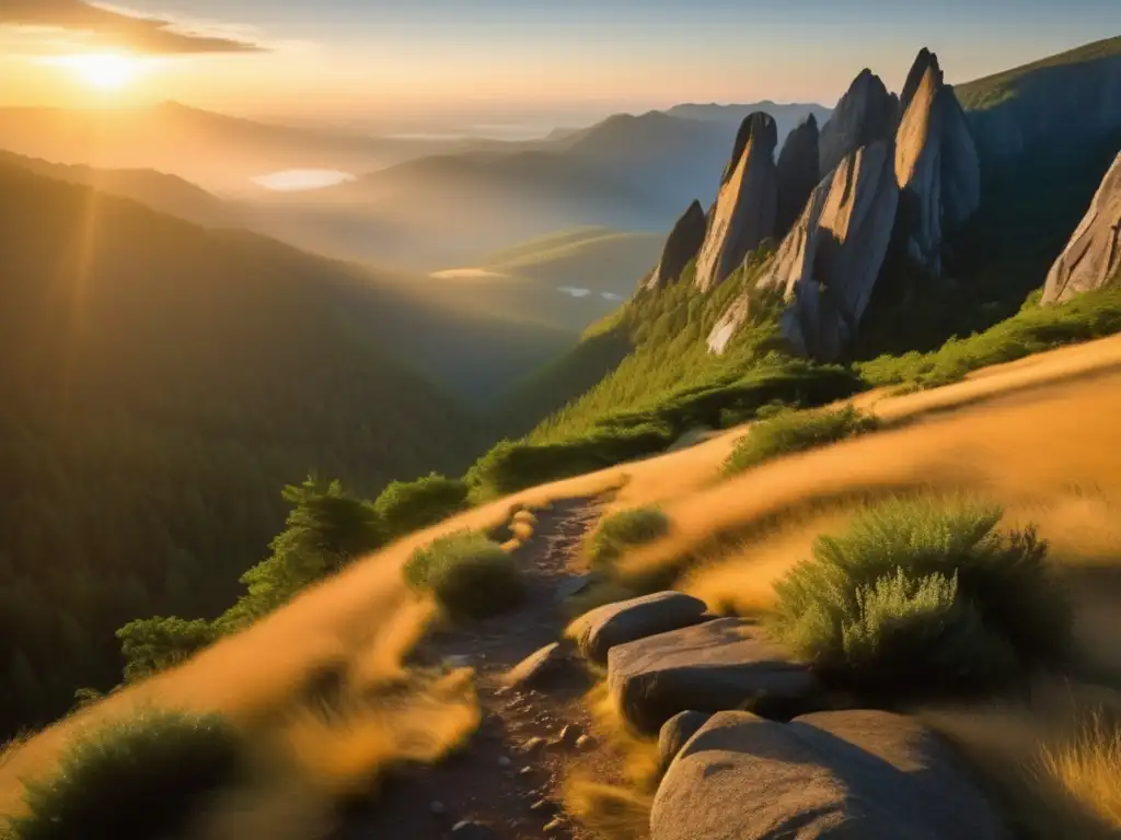 Orientación geológica en senderismo al amanecer: montañas neblinosas, sendero boscoso, formaciones rocosas, cascada majestuosa