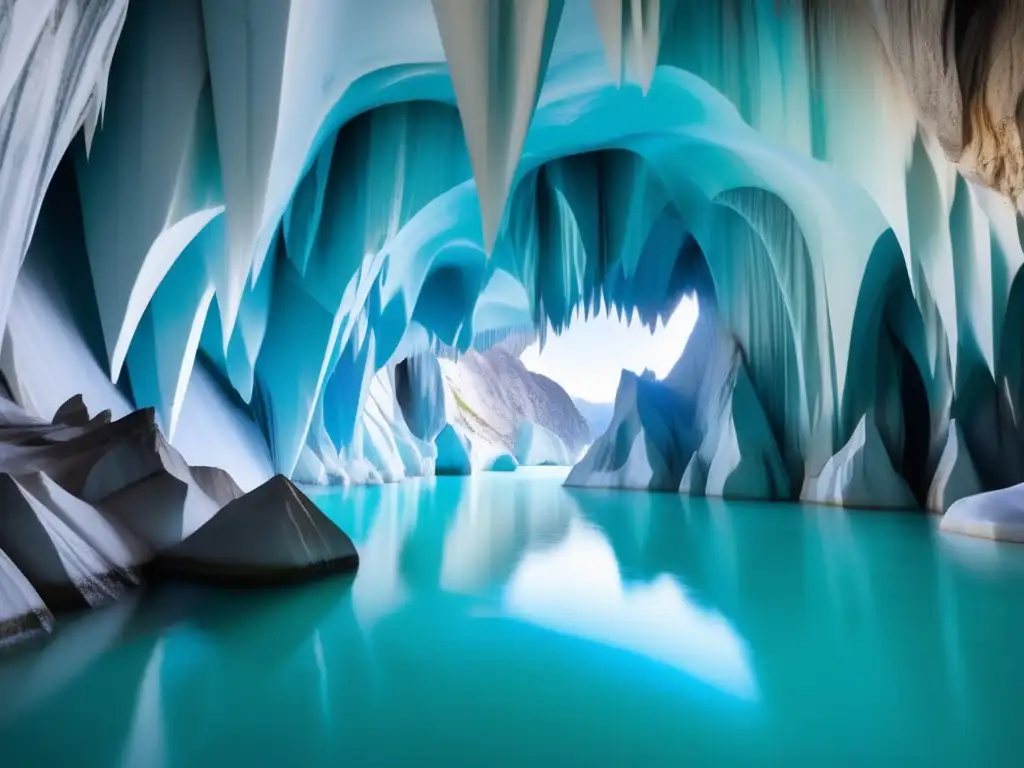 Cavernas de Mármol en Chile: Guía de acampada segura - Maravillosa imagen de las cavernas de mármol en Chile, con paredes pulidas y aguas turquesas