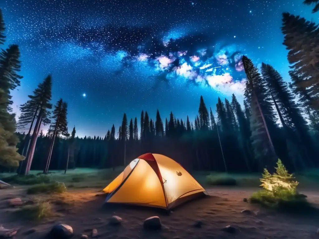 Fotografía Vía Láctea camping: noche estrellada con tienda de campaña entre árboles altos