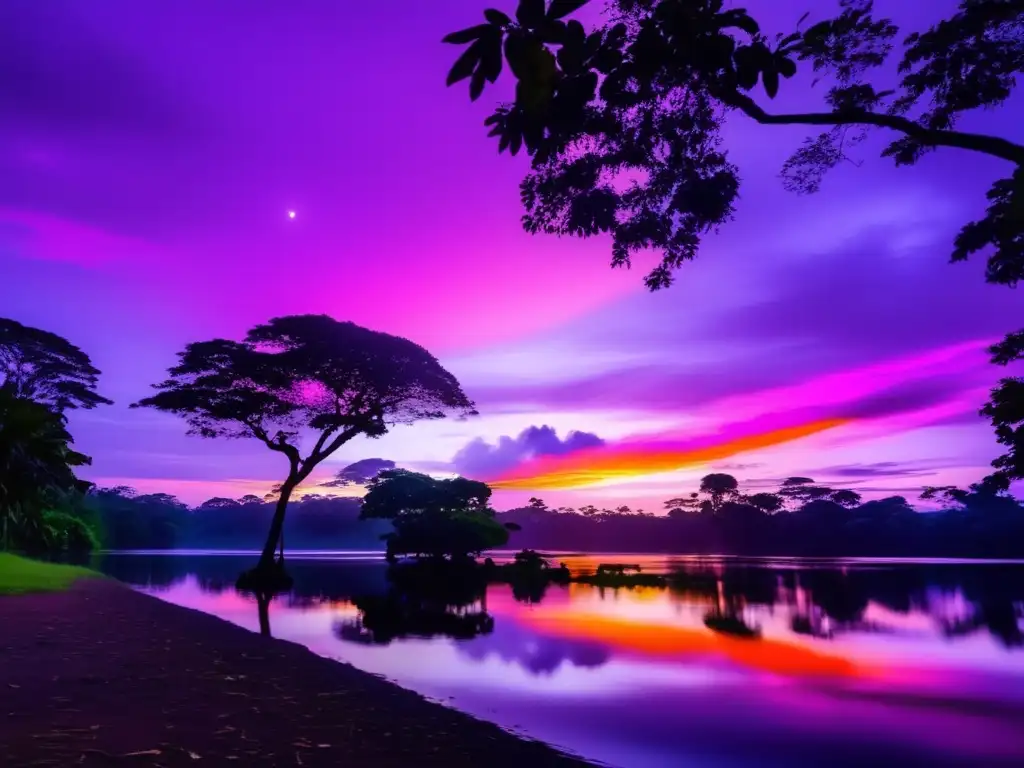 Guía acampada Parque Nacional Tortuguero al atardecer: un paisaje impresionante con colores vibrantes y una atmósfera misteriosa