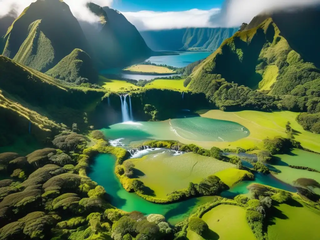 Lugares sagrados Maoríes Nueva Zelanda: Vista aérea de paisaje verde exuberante, cascada, montaña volcánica, lago y cielo tranquilo