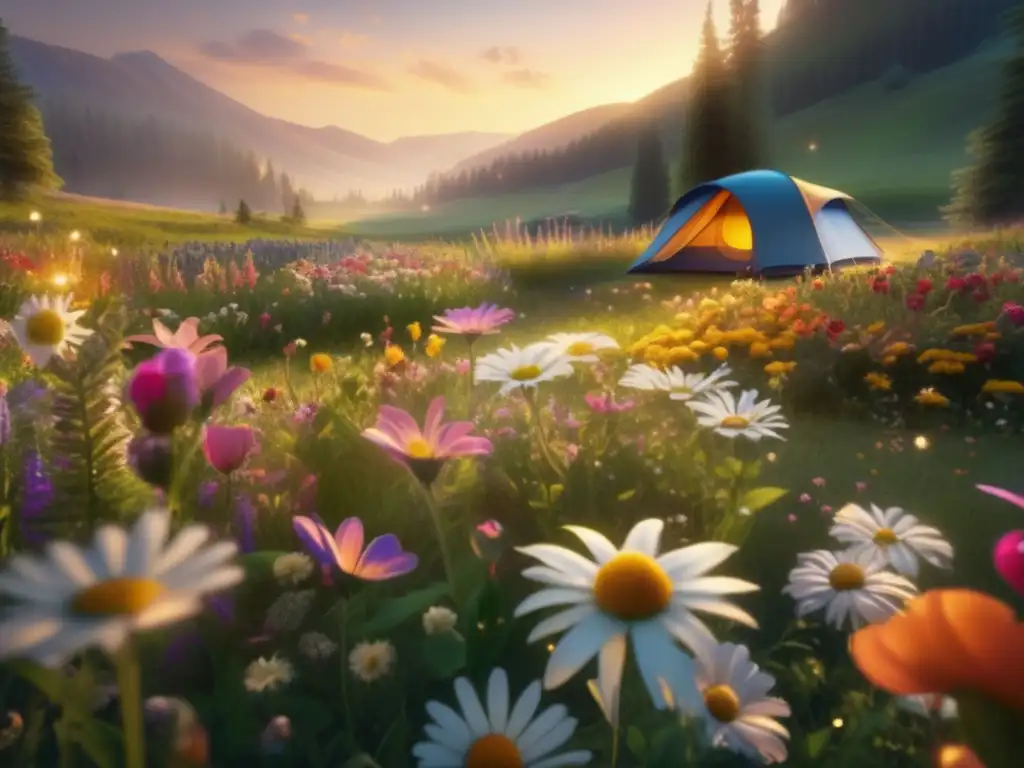 Senderismo y camping: Flores y su simbolismo en una imagen 8K impresionante de una pradera mística rodeada de naturaleza serena