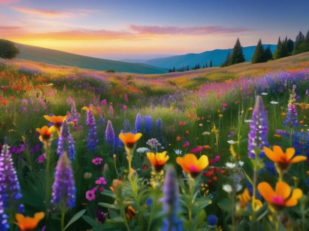 Flores silvestres en zonas de acampada: meadow con wildflowers, colores y movimiento de la naturaleza