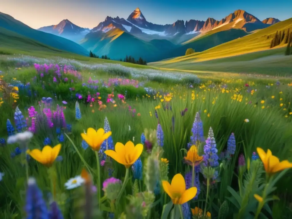 Flores silvestres en un prado vibrante con majestuosas montañas y cielo mágico