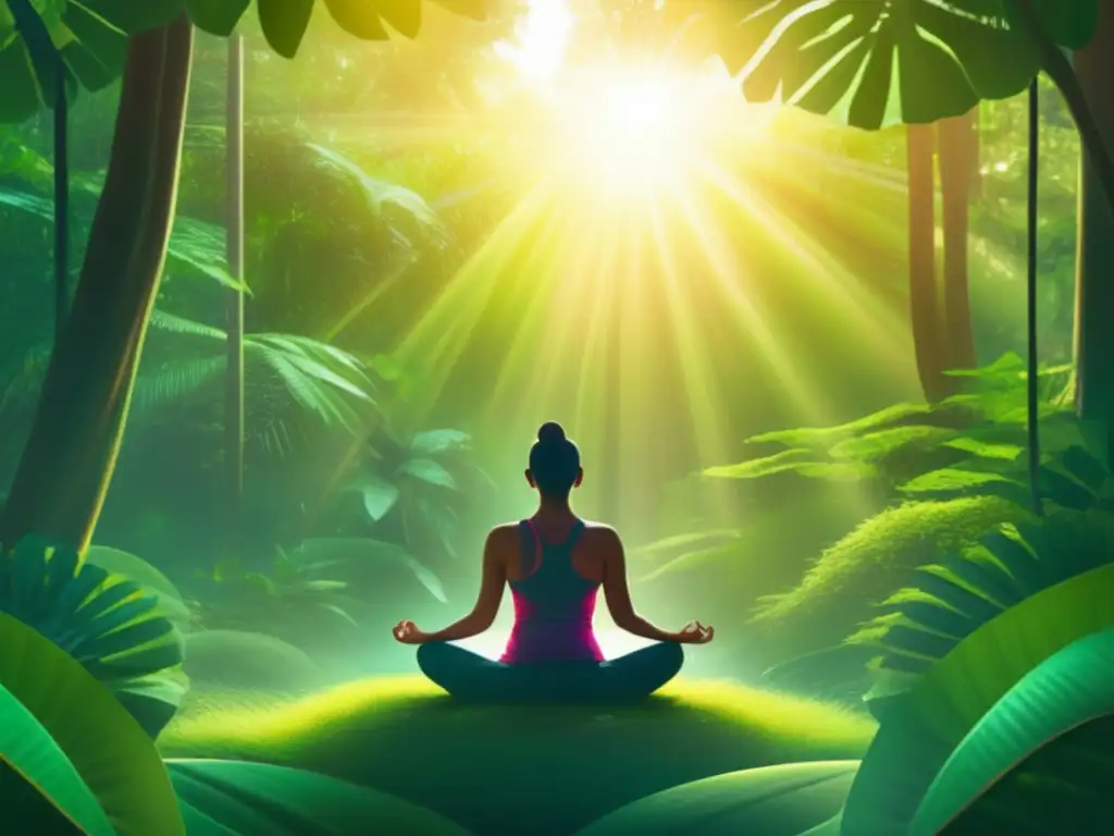 Yoga en la selva: aventura espiritual con vibrante flora y figura en meditación