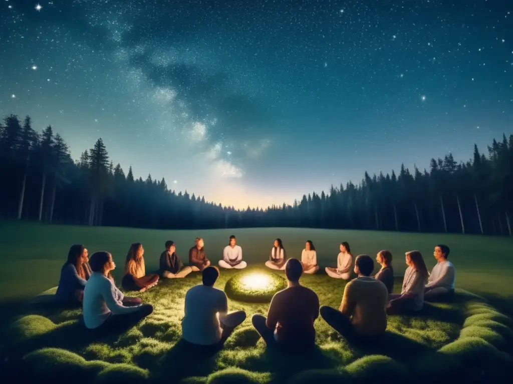 Experiencia de meditación estrellas en un bosque místico bajo un cielo nocturno lleno de luz y color