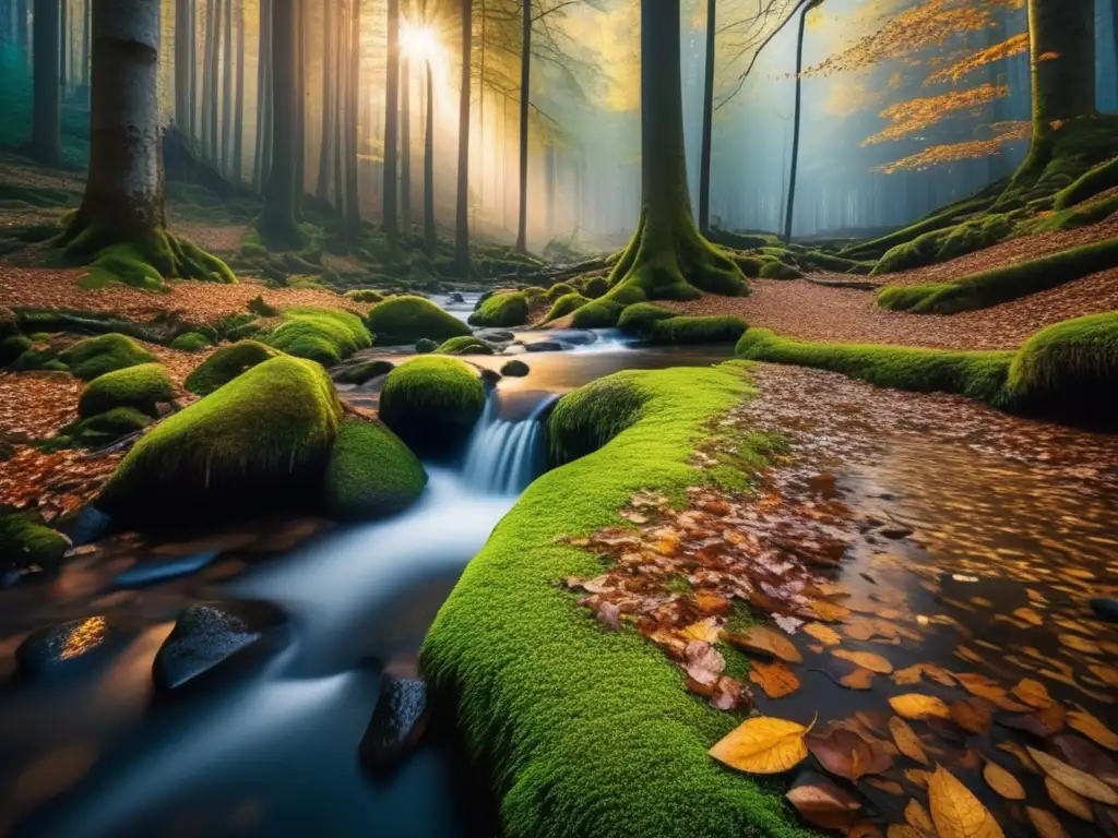 Bosque denso al atardecer con rayos de sol filtrándose a través de los árboles