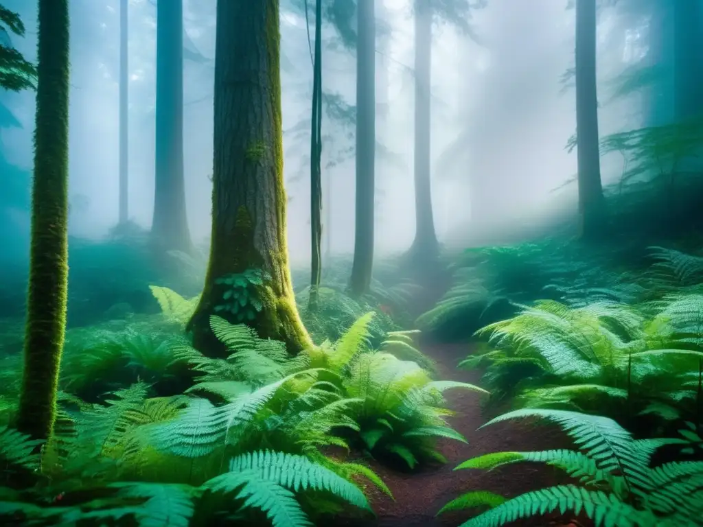 Equipamiento para acampada en zonas húmedas: Bosque misterioso con árboles cubiertos de musgo y una hiker con productos de cuidado de calzado