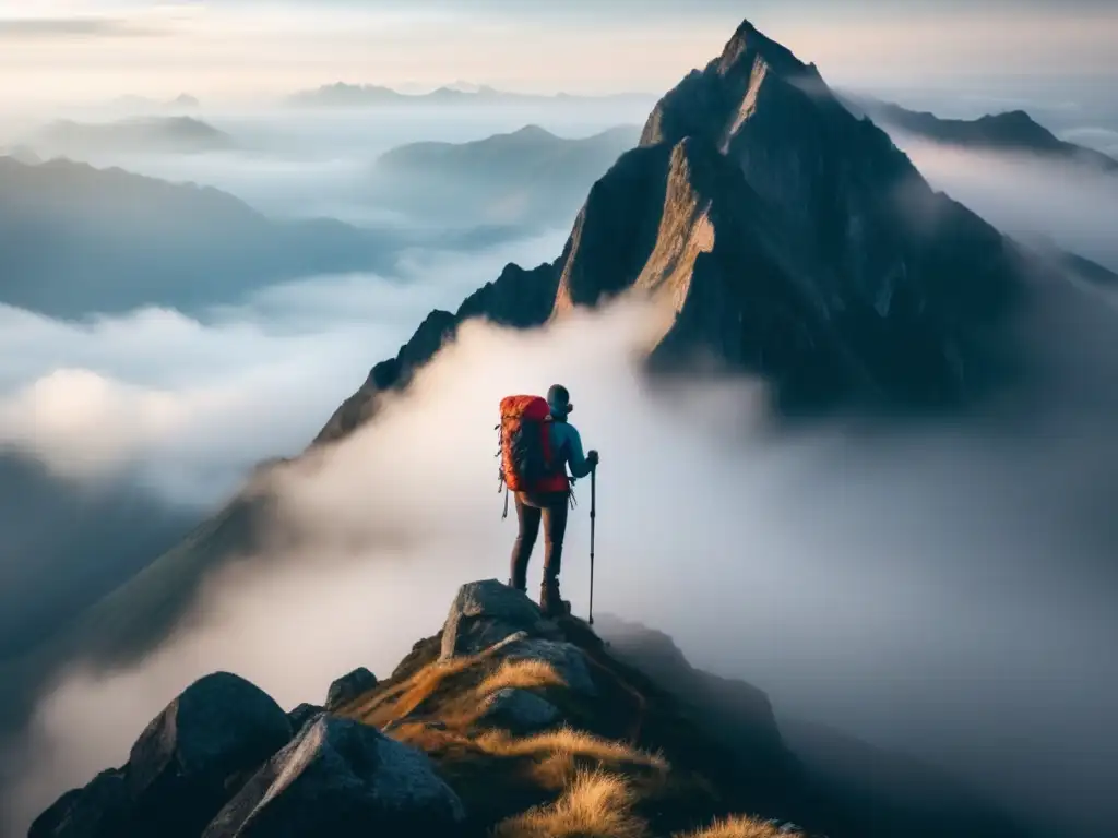 Hiker en cima montaña rodeado de neblina, equipamiento senderismo calidad, paisaje montañoso majestuoso