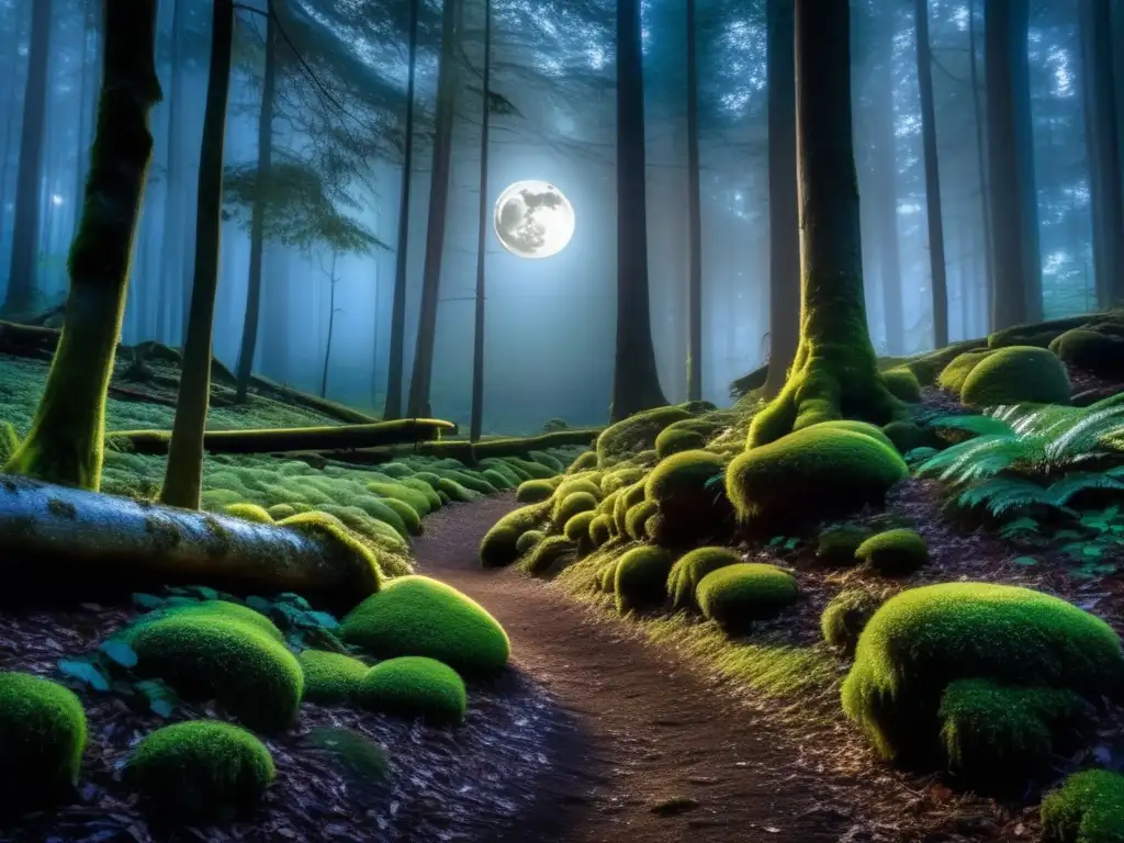 Orientación nocturna en el bosque: belleza misteriosa y encanto bajo la luna, sendero guiado por la naturaleza