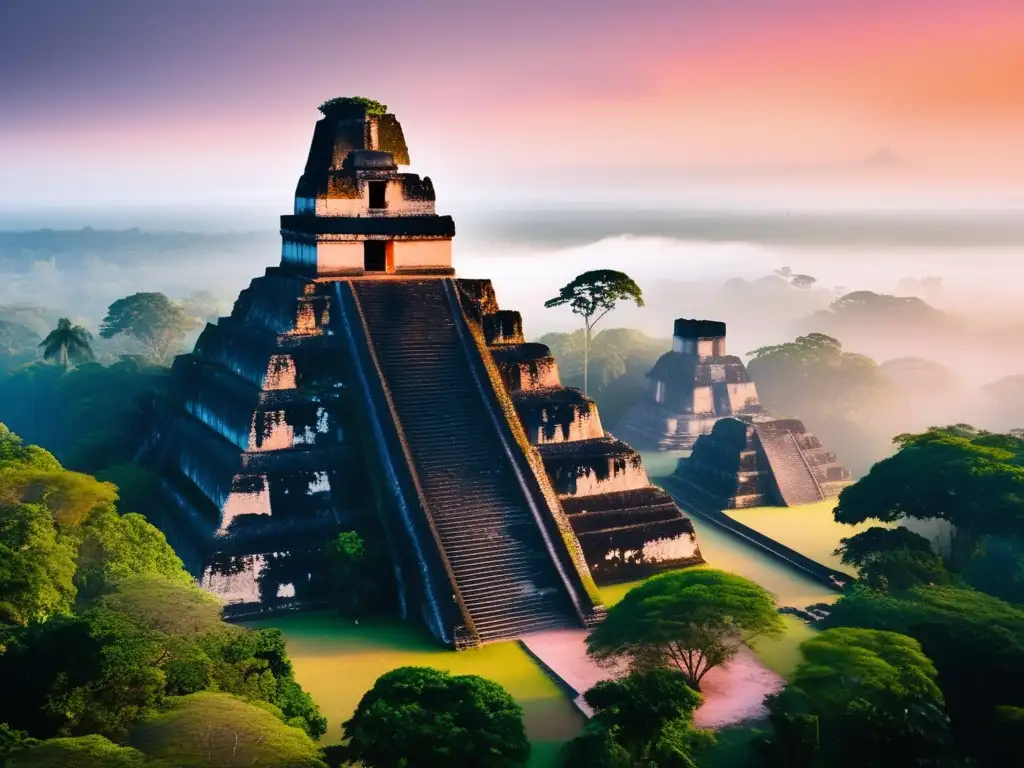 Descubriendo cultura Maya: Acampada en Tikal, ruinas ancestrales con niebla, selva exuberante y misterio