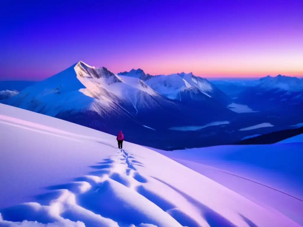 Paisaje invernal con montañas nevadas y figura solitaria en la cumbre, transmitiendo misterio y belleza