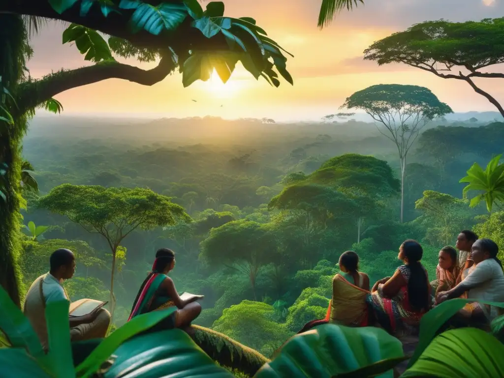 Técnicas de orientación en la selva: indígenas estudian mapa detallado de la exuberante selva al atardecer, entre rayos de sol y densa vegetación