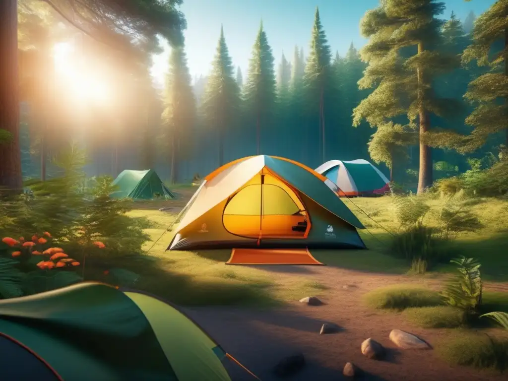 Descubriendo biodiversidad en campings: imagen 8k de un denso bosque con tienda de campaña rodeada de flora vibrante, aves y mariposas