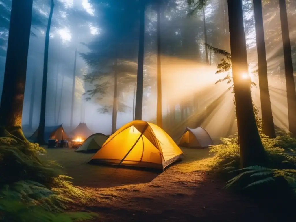 Campismo y conservación de fauna: Bosque misterioso al atardecer con campamento y vida silvestre