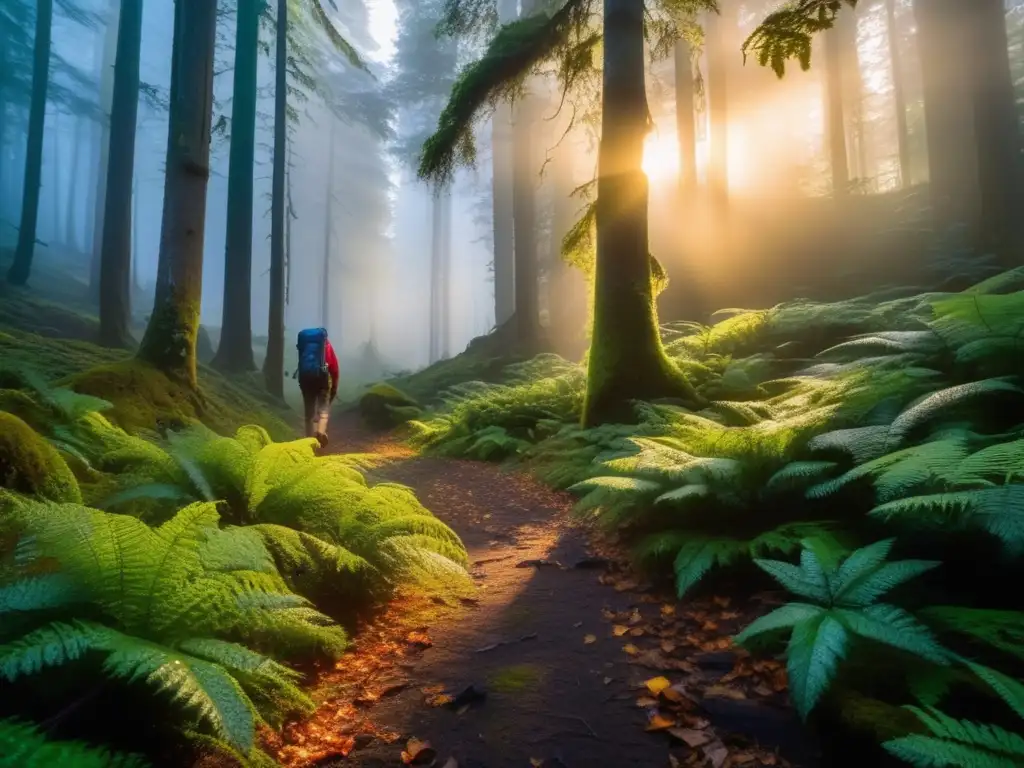 Esterilla ideal para senderismo en un bosque misterioso al atardecer