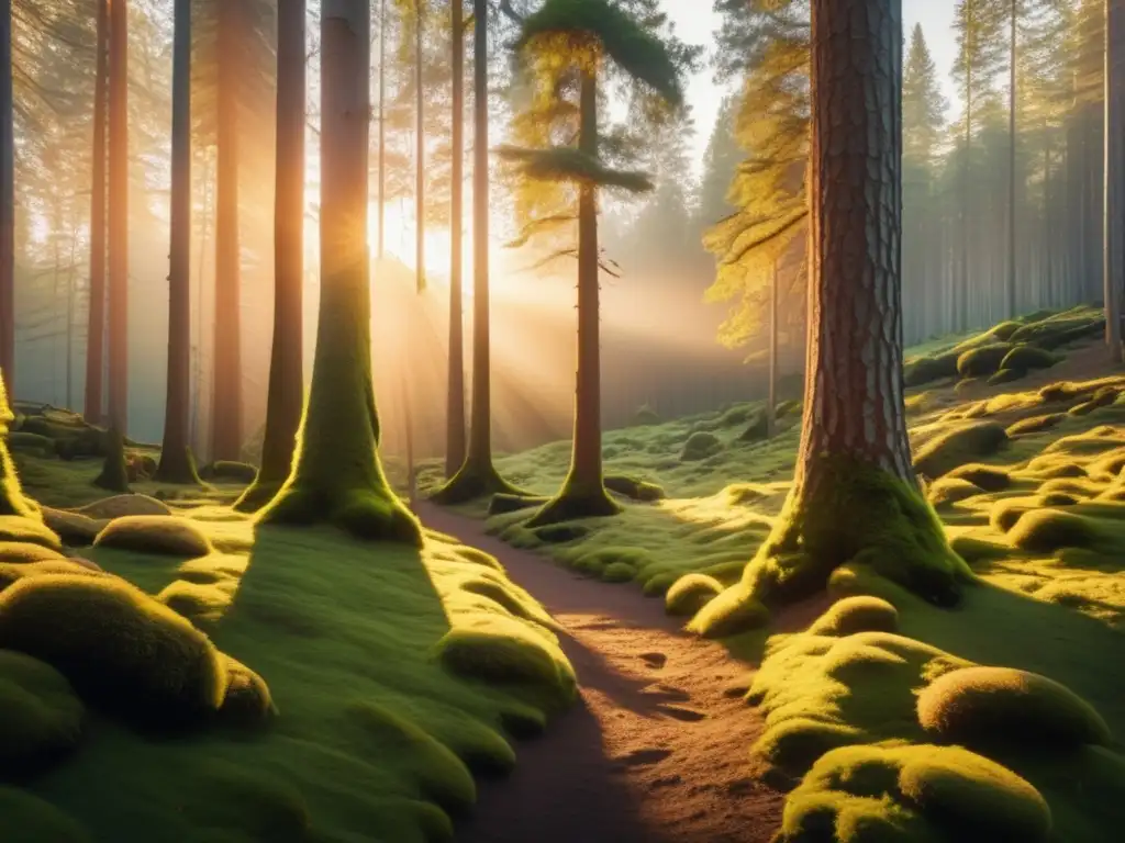 Impresionante imagen 8k de un denso bosque bañado por la suave luz dorada del atardecer