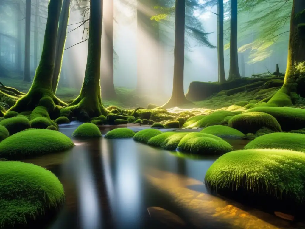 Beneficios emocionales del campismo en la naturaleza: Bosque místico al amanecer con rayos de sol, lago escondido y ambiente tranquilo