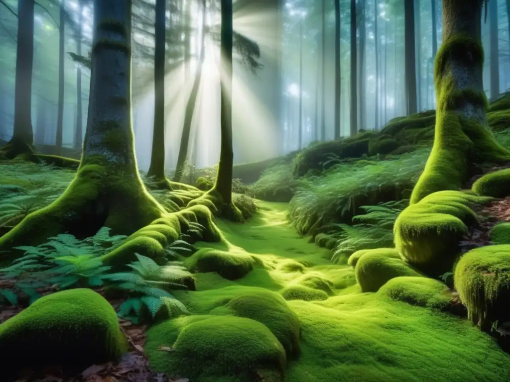 Un sendero misterioso en un bosque denso y místico, iluminado por la suave luz de la luna