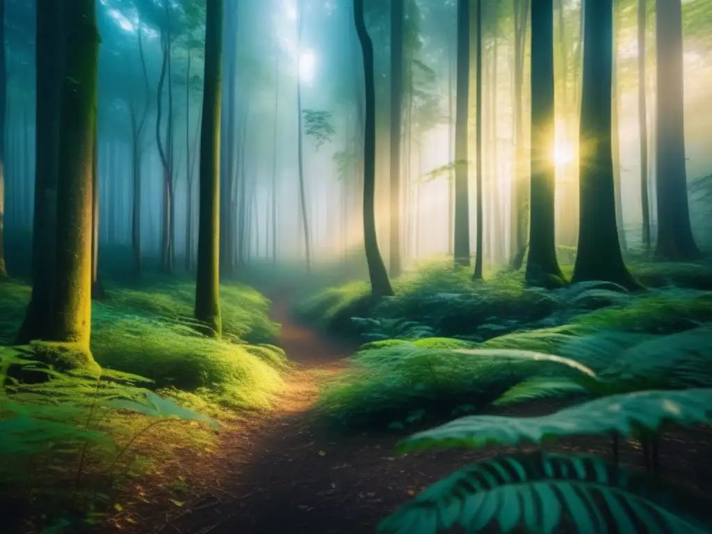 Bosque misterioso al atardecer, con árboles altos y frondosos, rayos dorados entre las hojas y una niebla etérea