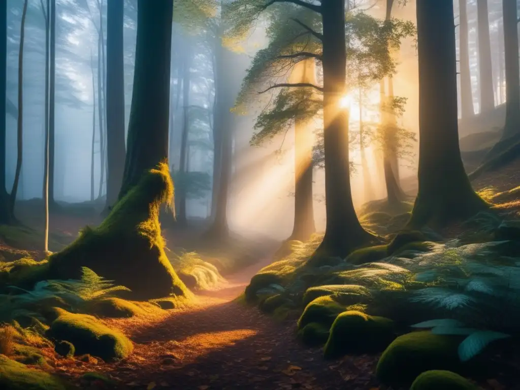 Un fascinante bosque denso al atardecer, envuelto en una neblina etérea