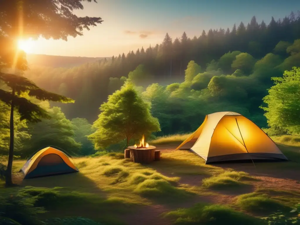 Bosque verde al atardecer, camping mágico con repelentes naturales