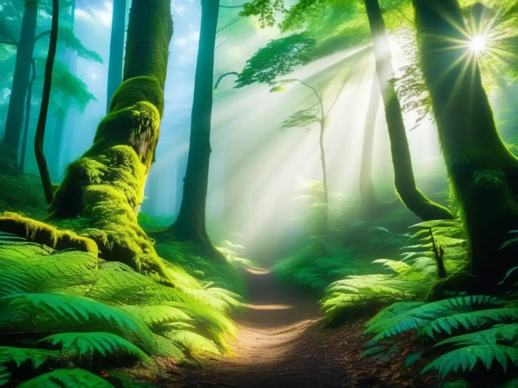 Senderismo y conservación medio ambiente en un bosque exuberante y misterioso, con árboles altos, luz filtrada y una cascada majestuosa