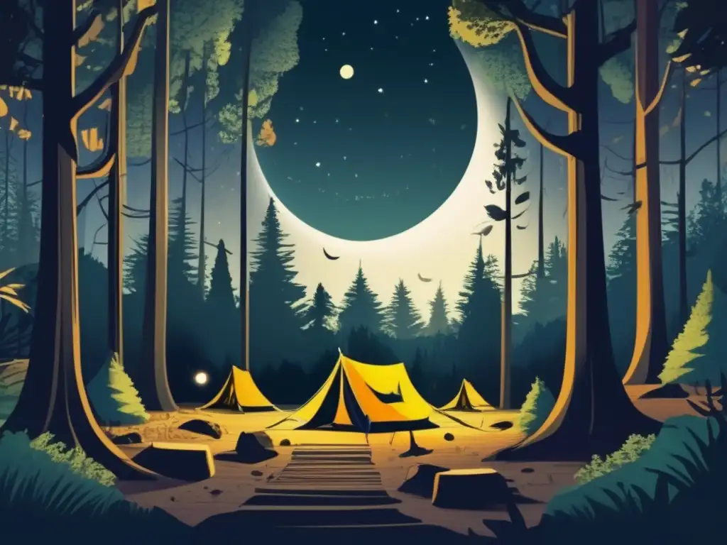 Ilustración de camping misterioso con campamento, árboles, linternas y cielo estrellado