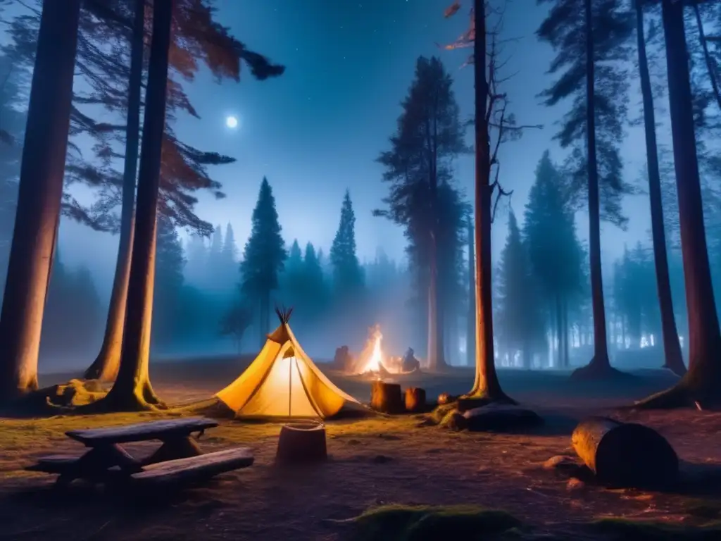 Bosque nocturno con árboles ancestrales, neblina y refugio de campamento: Historia refugios emergencia camping