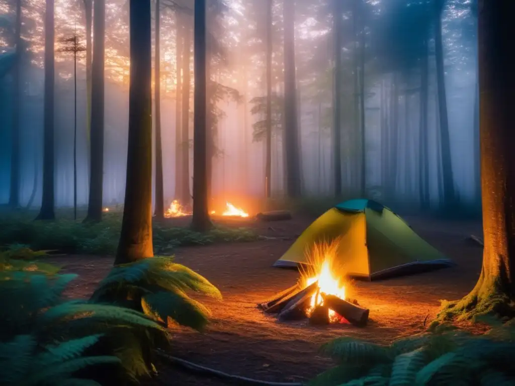 Prácticas ancestrales de acampada en un bosque místico al atardecer, con fogata y refugios naturales