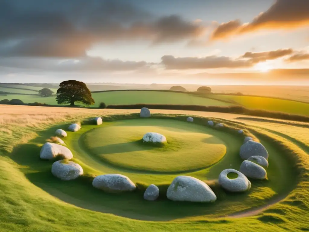 Senderismo en círculo de piedras Avebury: misterio, piedras ancestrales, naturaleza exuberante, atardecer dorado, magia ancestral, misticismo