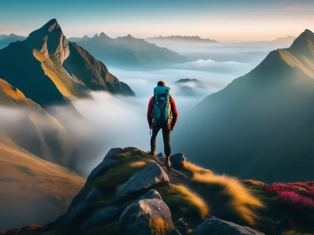 Hiker con mochila en montaña neblinosa - Herramientas esenciales para camping y senderismo eficiente